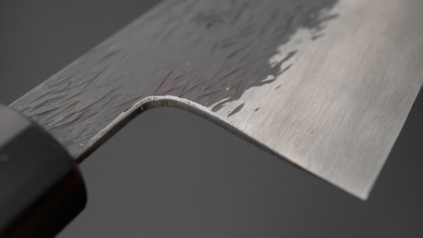 Isamitsu Blue Super Stainless Clad Kurouchi Gyuto 240mm Taihei Makassar Ebony Handle - Kamimoto