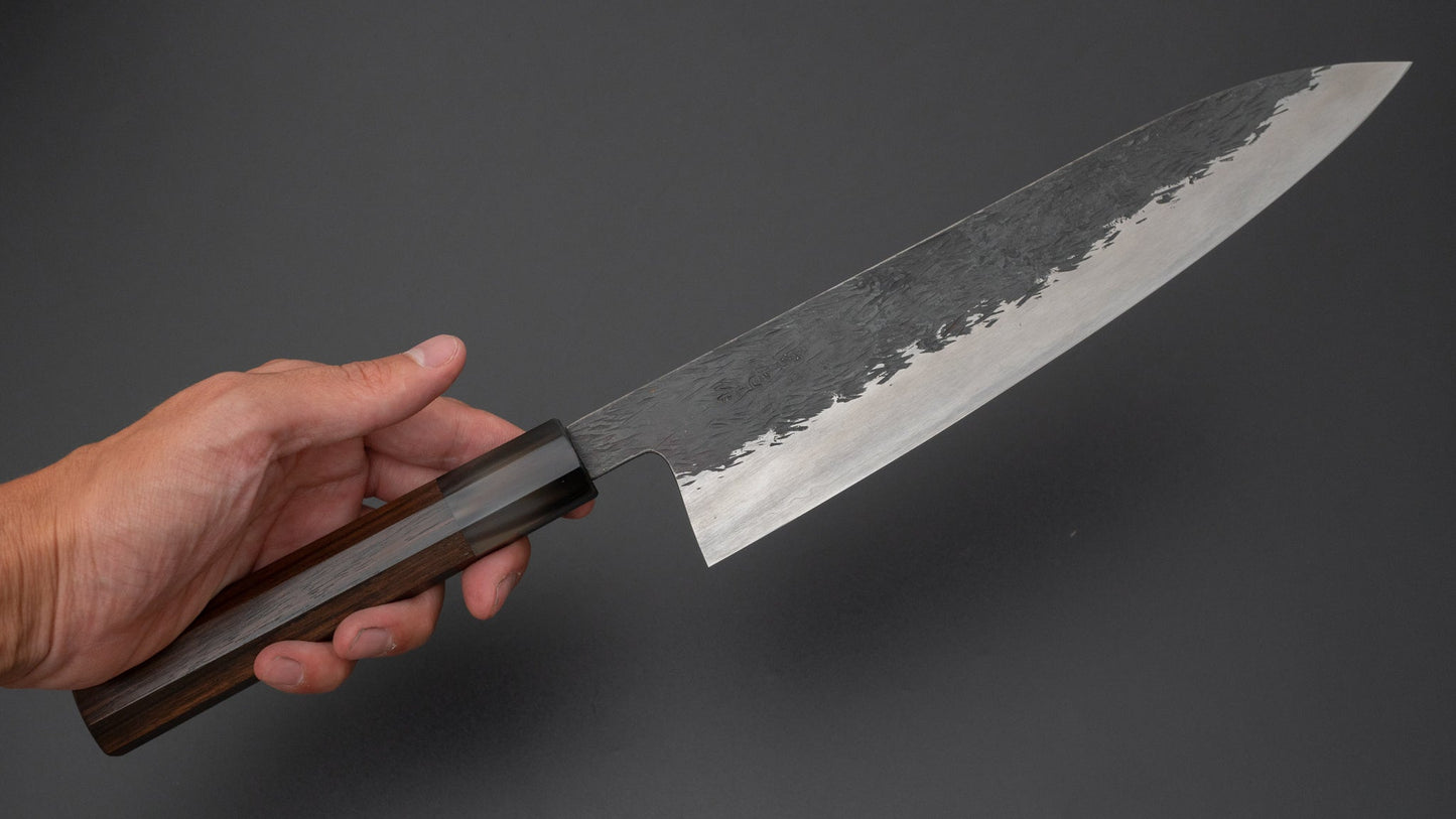 Isamitsu Blue Super Stainless Clad Kurouchi Gyuto 240mm Taihei Makassar Ebony Handle - Kamimoto