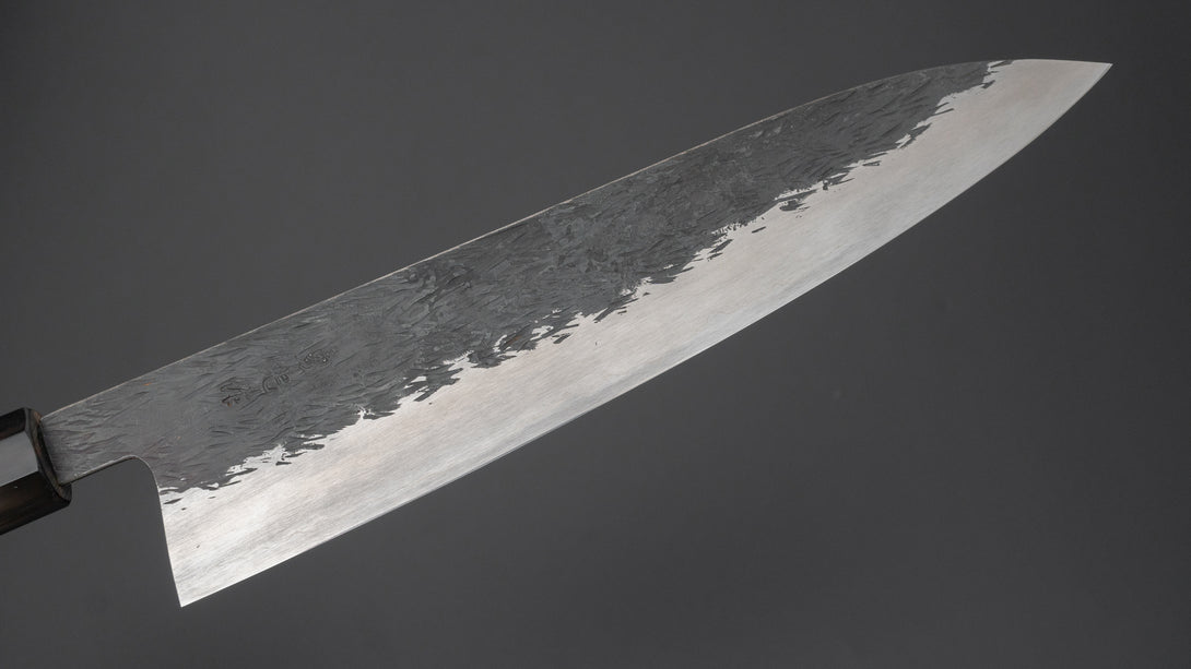 Isamitsu Blue Super Stainless Clad Kurouchi Gyuto 240mm Taihei Makassar Ebony Handle - Kamimoto EU